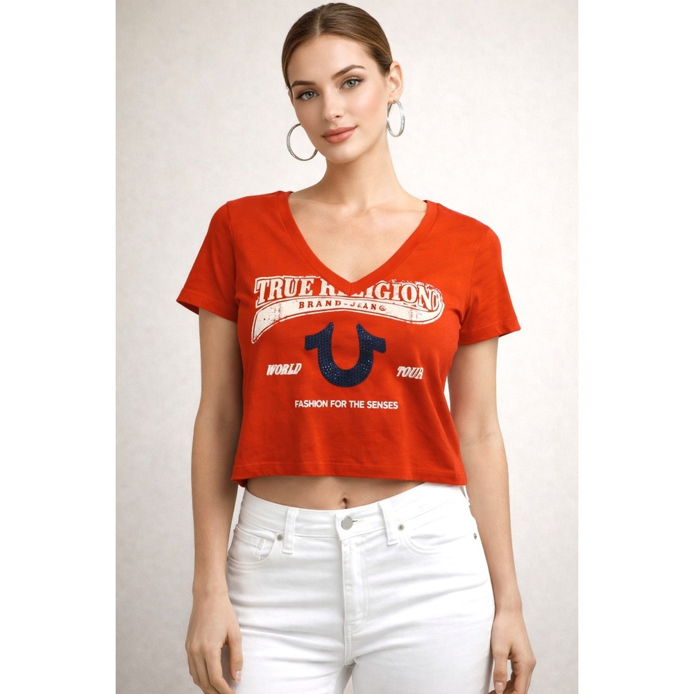 True Religion Horseshoe Red V-Neck Short Sleeve Crop Top NWT Size XL